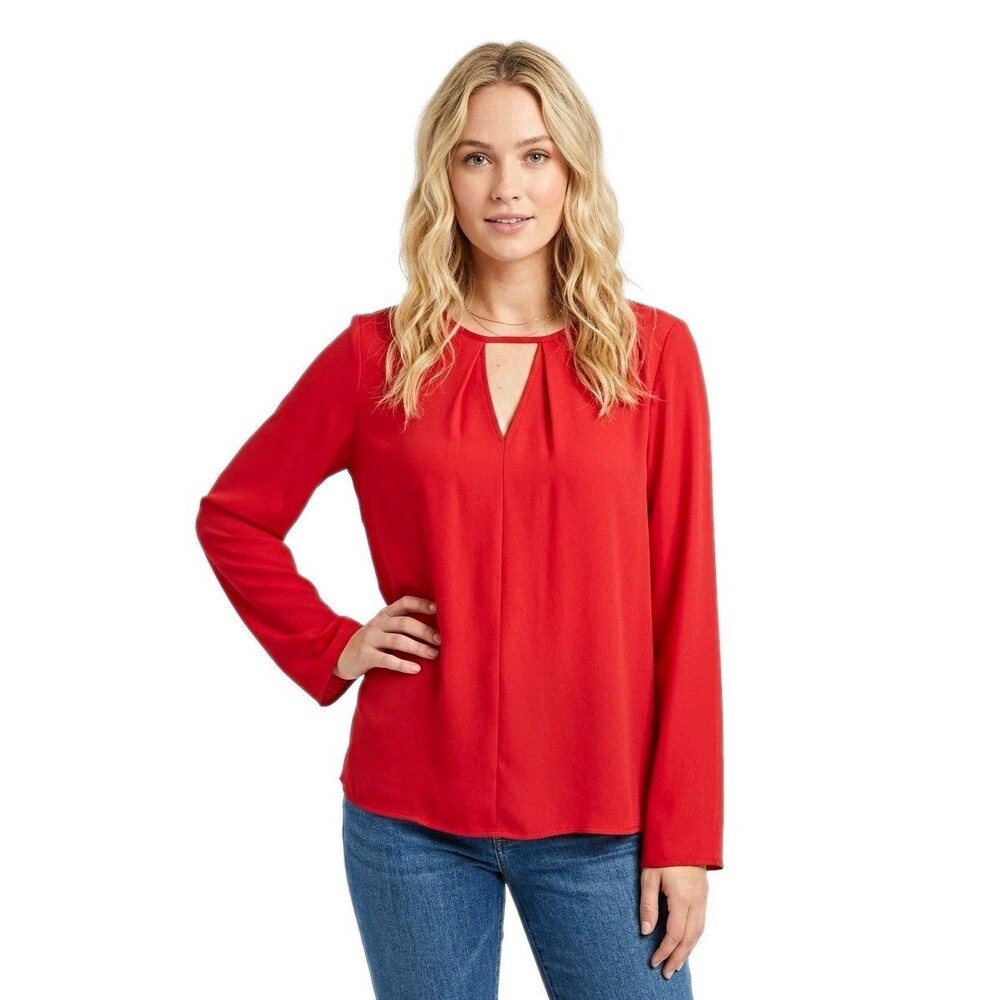 wear abouts Womens Blouse Top L Red Long Sleeve Round Neck Pullover Keyhole